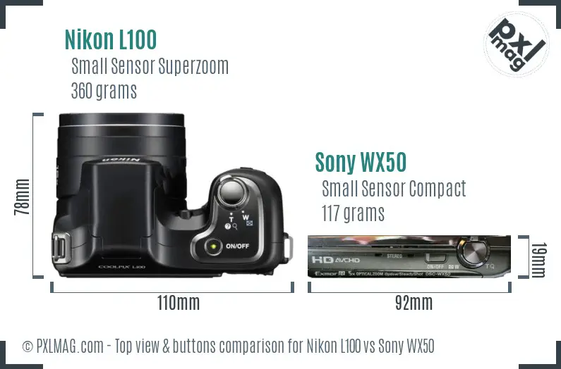 Nikon L100 vs Sony WX50 top view buttons comparison