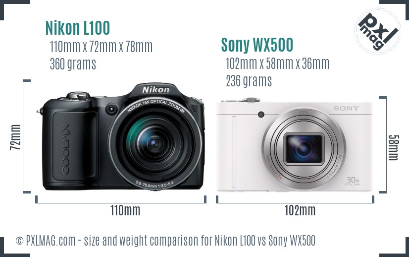 Nikon L100 vs Sony WX500 size comparison