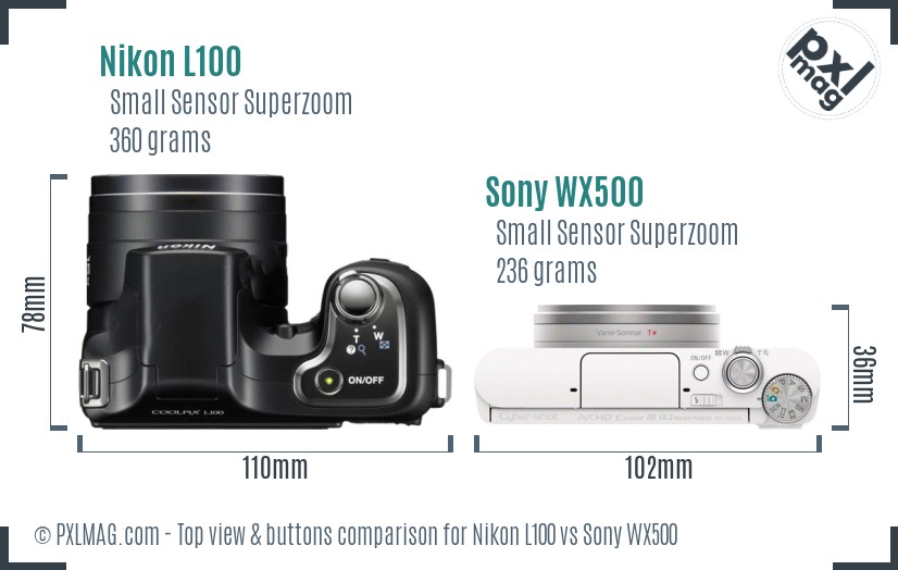 Nikon L100 vs Sony WX500 top view buttons comparison