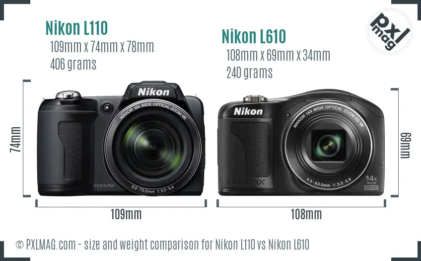 Nikon L110 vs Nikon L610 size comparison