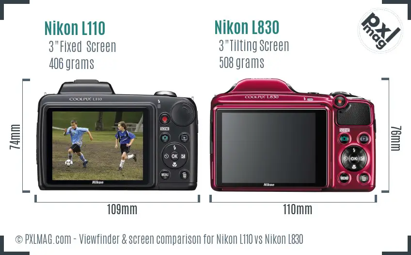 Nikon L110 vs Nikon L830 Screen and Viewfinder comparison