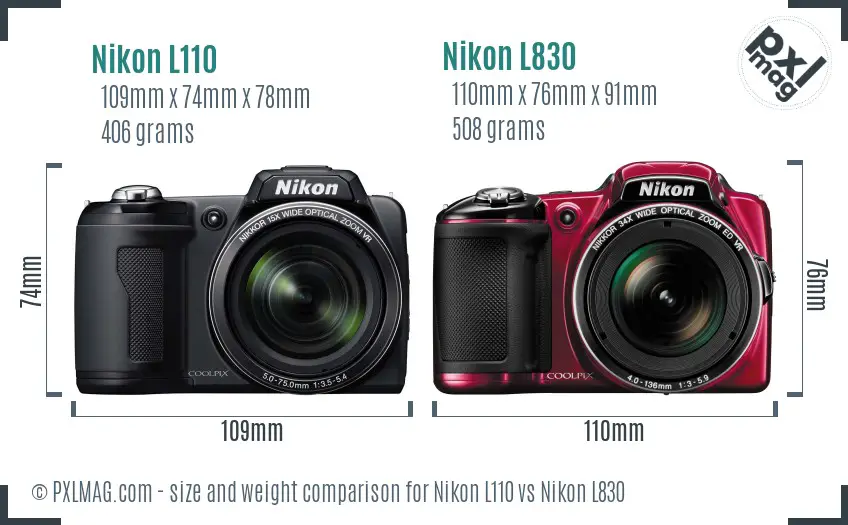 Nikon L110 vs Nikon L830 size comparison