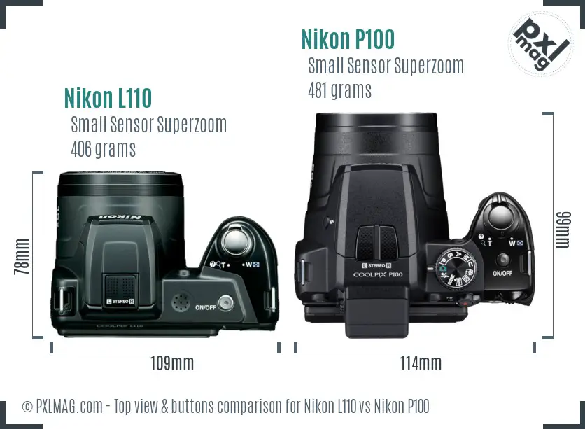 Nikon L110 vs Nikon P100 top view buttons comparison Nikon L110 vs Nikon P100 top view buttons comparison