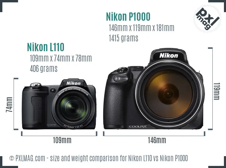 Nikon L110 vs Nikon P1000 size comparison