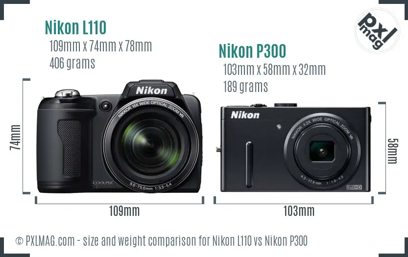 Nikon L110 vs Nikon P300 size comparison