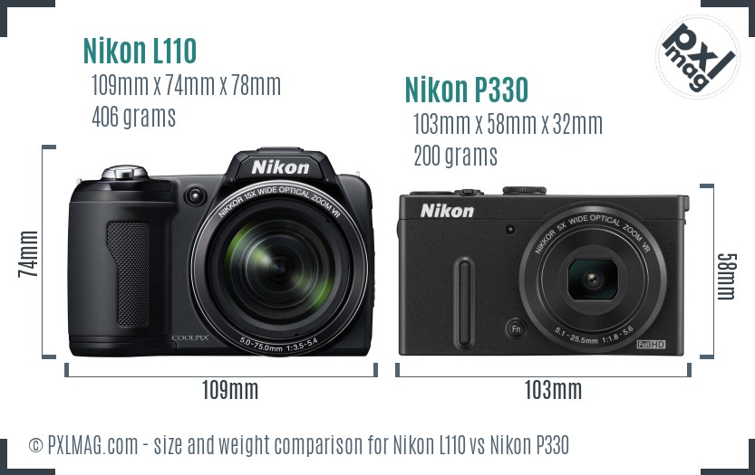 Nikon L110 vs Nikon P330 size comparison