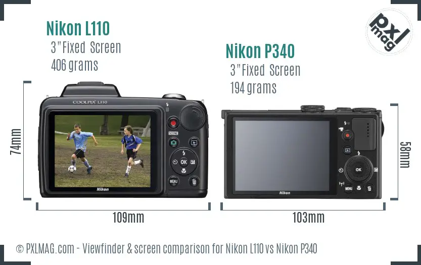 Nikon L110 vs Nikon P340 Screen and Viewfinder comparison