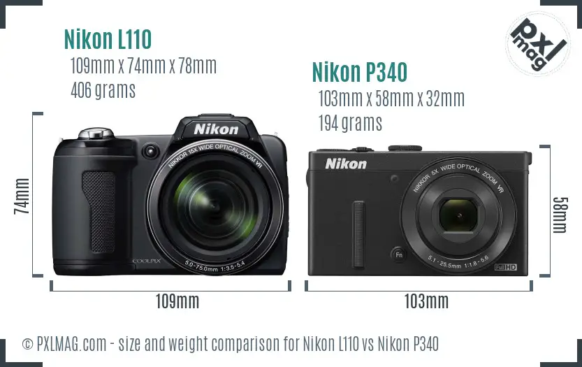 Nikon L110 vs Nikon P340 size comparison