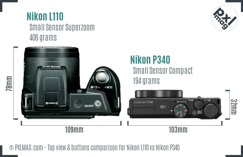 Nikon L110 vs Nikon P340 top view buttons comparison