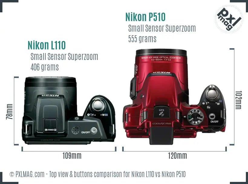 Nikon L110 vs Nikon P510 top view buttons comparison Nikon L110 vs Nikon P510 top view buttons comparison