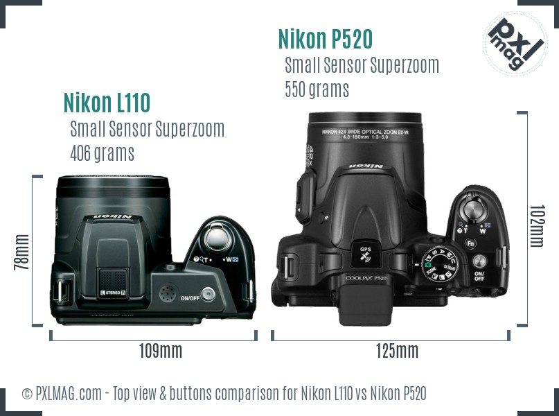 Nikon L110 vs Nikon P520 top view buttons comparison