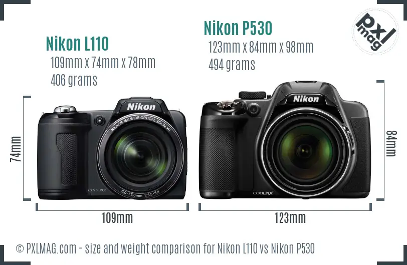 Nikon L110 vs Nikon P530 size comparison