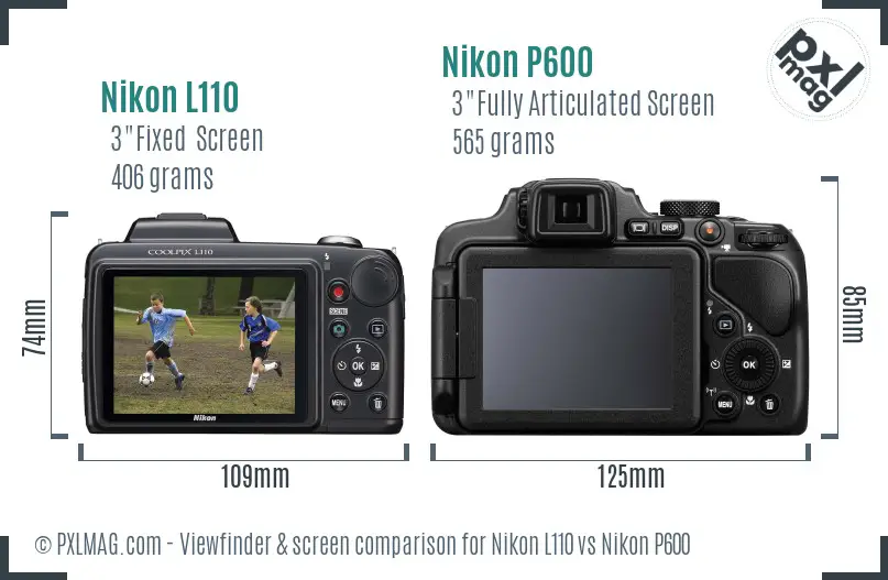 Nikon L110 vs Nikon P600 Screen and Viewfinder comparison