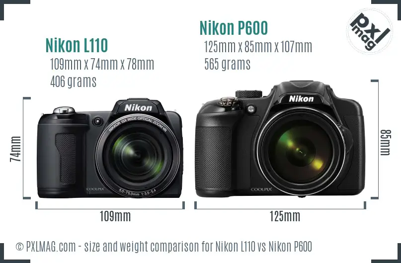 Nikon L110 vs Nikon P600 size comparison