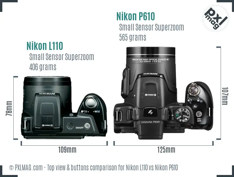 Nikon L110 vs Nikon P610 top view buttons comparison Nikon L110 vs Nikon P610 top view buttons comparison
