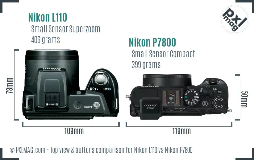 Nikon L110 vs Nikon P7800 top view buttons comparison