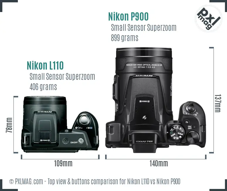 Nikon L110 vs Nikon P900 top view buttons comparison Nikon L110 vs Nikon P900 top view buttons comparison