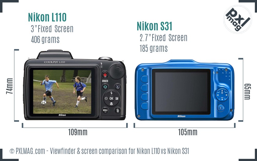 Nikon L110 vs Nikon S31 Screen and Viewfinder comparison