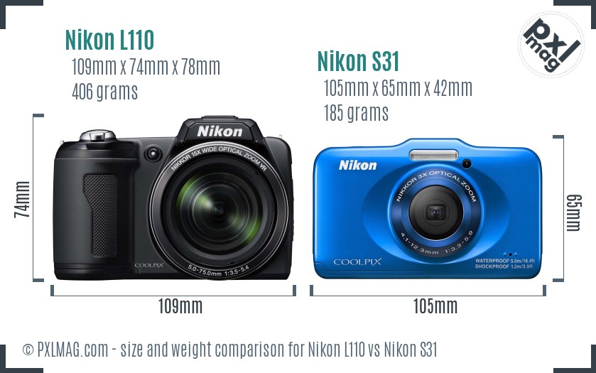 Nikon L110 vs Nikon S31 size comparison Nikon L110 vs Nikon S31 size comparison