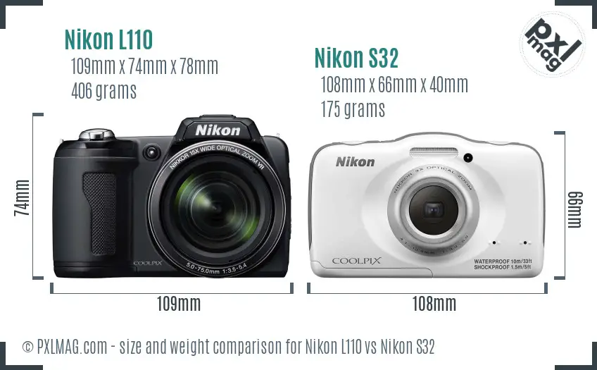 Nikon L110 vs Nikon S32 size comparison Nikon L110 vs Nikon S32 size comparison