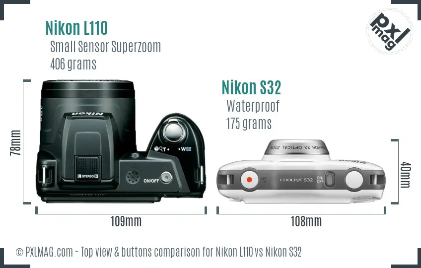Nikon L110 vs Nikon S32 top view buttons comparison Nikon L110 vs Nikon S32 top view buttons comparison