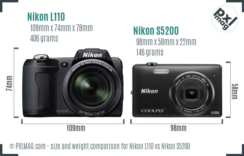 Nikon L110 vs Nikon S5200 size comparison