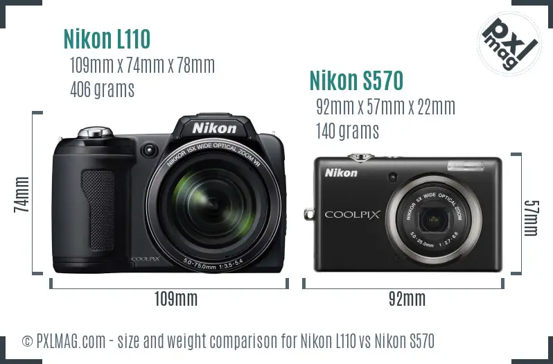 Nikon L110 vs Nikon S570 size comparison