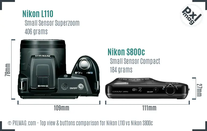 Nikon L110 vs Nikon S800c top view buttons comparison Nikon L110 vs Nikon S800c top view buttons comparison