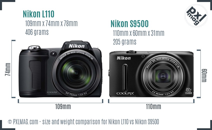 Nikon L110 vs Nikon S9500 size comparison Nikon L110 vs Nikon S9500 size comparison