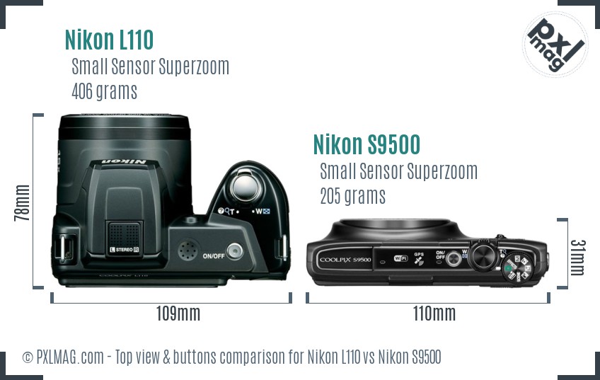 Nikon L110 vs Nikon S9500 top view buttons comparison