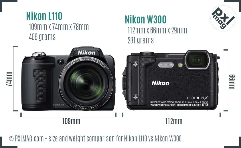 Nikon L110 vs Nikon W300 size comparison