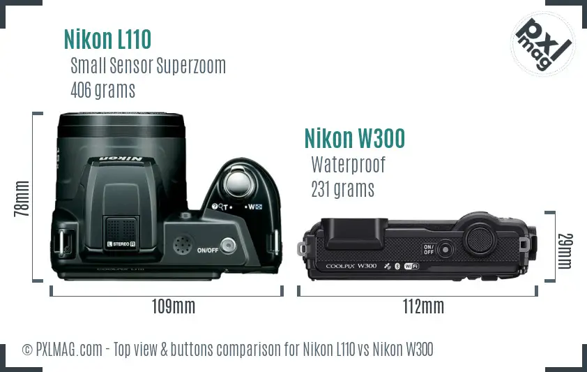 Nikon L110 vs Nikon W300 top view buttons comparison