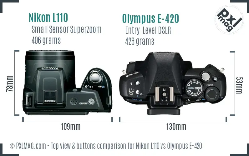 Nikon L110 vs Olympus E-420 top view buttons comparison