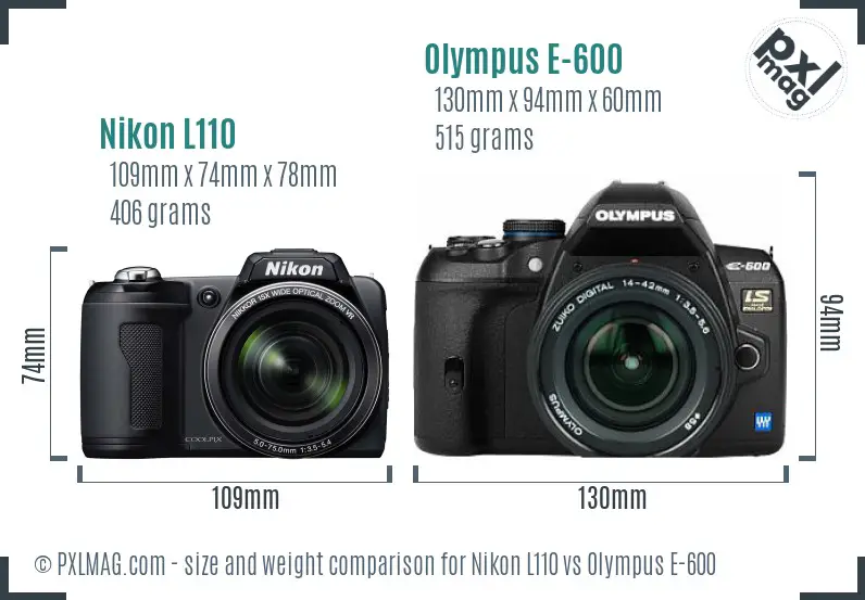 Nikon L110 vs Olympus E-600 size comparison