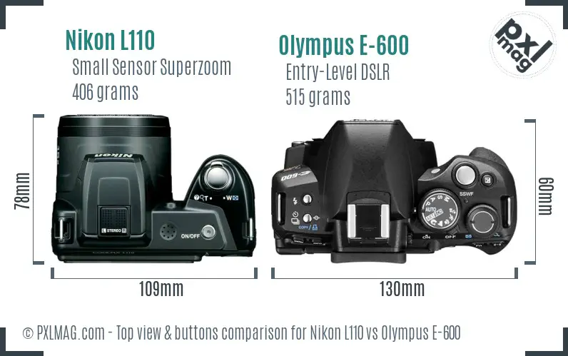 Nikon L110 vs Olympus E-600 top view buttons comparison