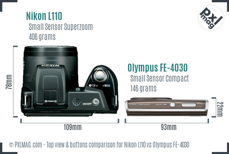 Nikon L110 vs Olympus FE-4030 top view buttons comparison