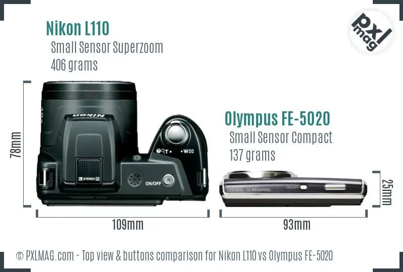 Nikon L110 vs Olympus FE-5020 top view buttons comparison