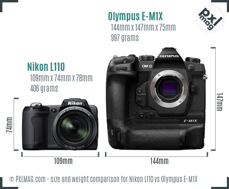 Nikon L110 vs Olympus E-M1X size comparison
