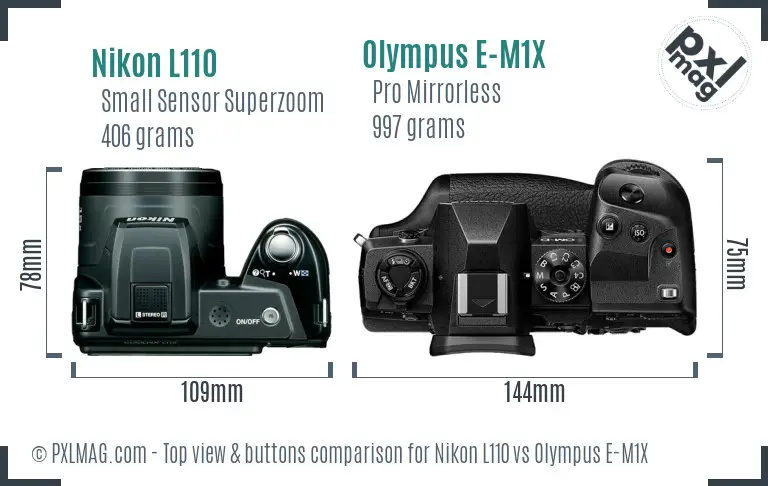 Nikon L110 vs Olympus E-M1X top view buttons comparison