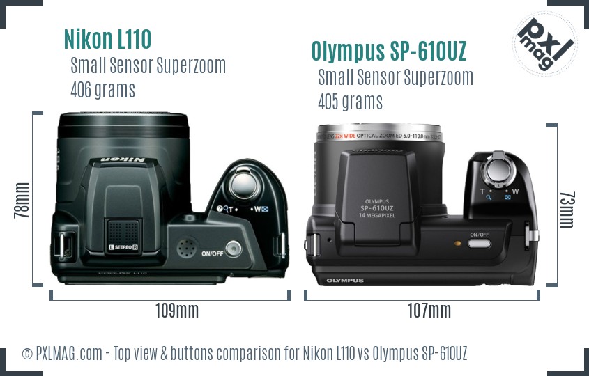 Nikon L110 vs Olympus SP-610UZ top view buttons comparison