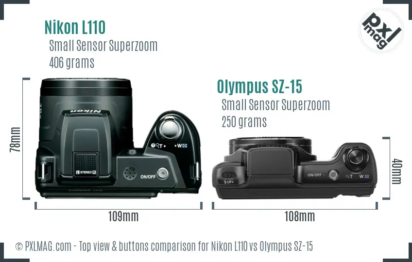 Nikon L110 vs Olympus SZ-15 top view buttons comparison Nikon L110 vs Olympus SZ-15 top view buttons comparison
