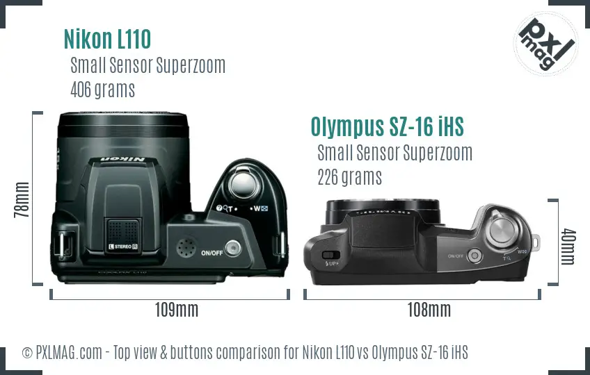 Nikon L110 vs Olympus SZ-16 iHS top view buttons comparison Nikon L110 vs Olympus SZ-16 iHS top view buttons comparison