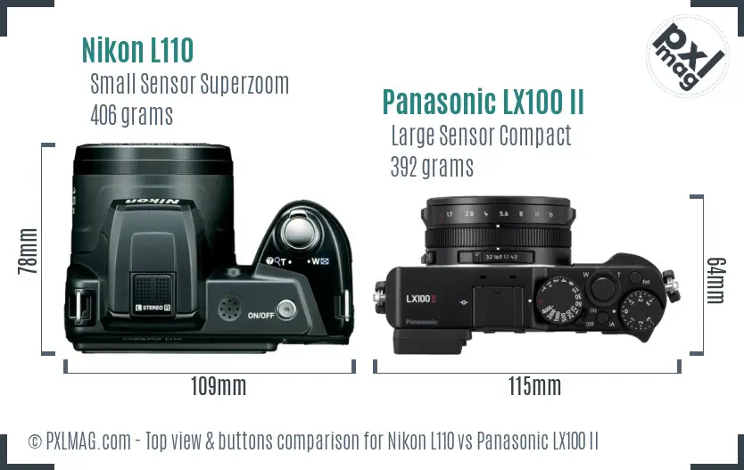 Nikon L110 vs Panasonic LX100 II top view buttons comparison