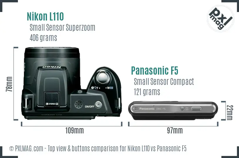 Nikon L110 vs Panasonic F5 top view buttons comparison Nikon L110 vs Panasonic F5 top view buttons comparison