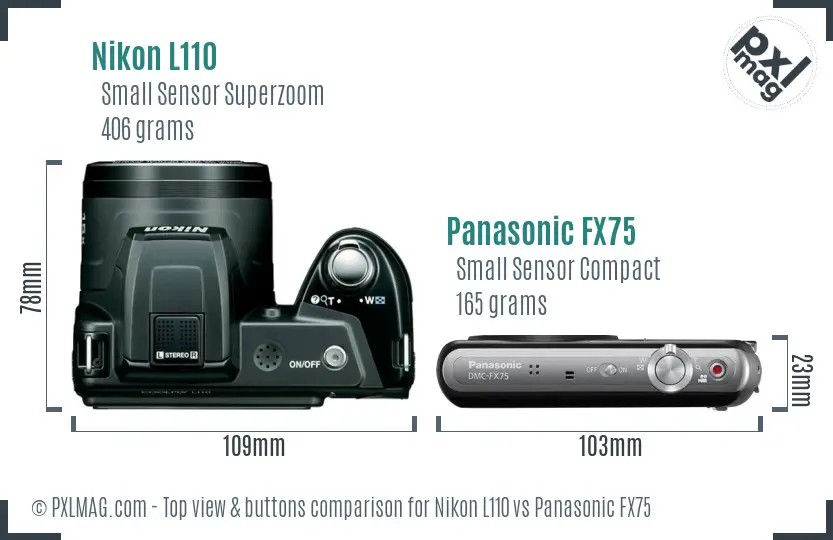 Nikon L110 vs Panasonic FX75 top view buttons comparison