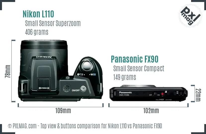 Nikon L110 vs Panasonic FX90 top view buttons comparison Nikon L110 vs Panasonic FX90 top view buttons comparison