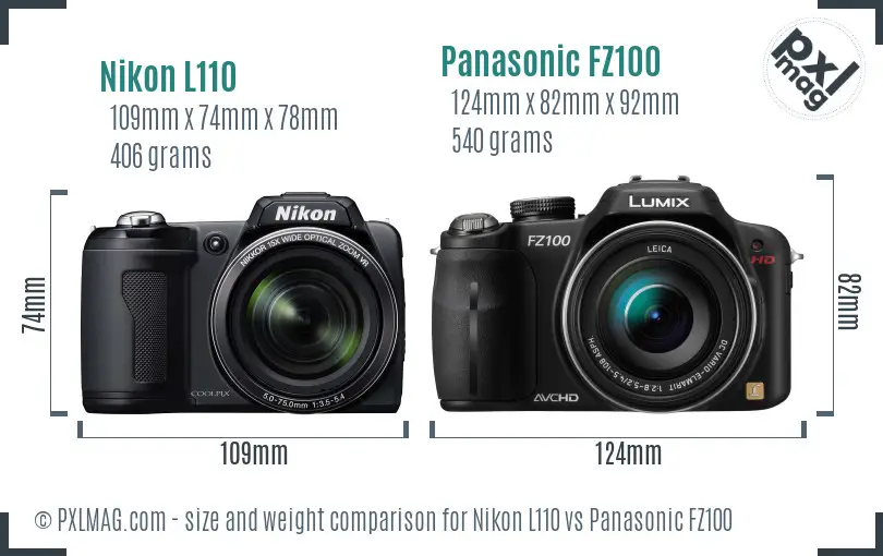 Nikon L110 vs Panasonic FZ100 size comparison