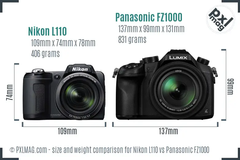 Nikon L110 vs Panasonic FZ1000 size comparison