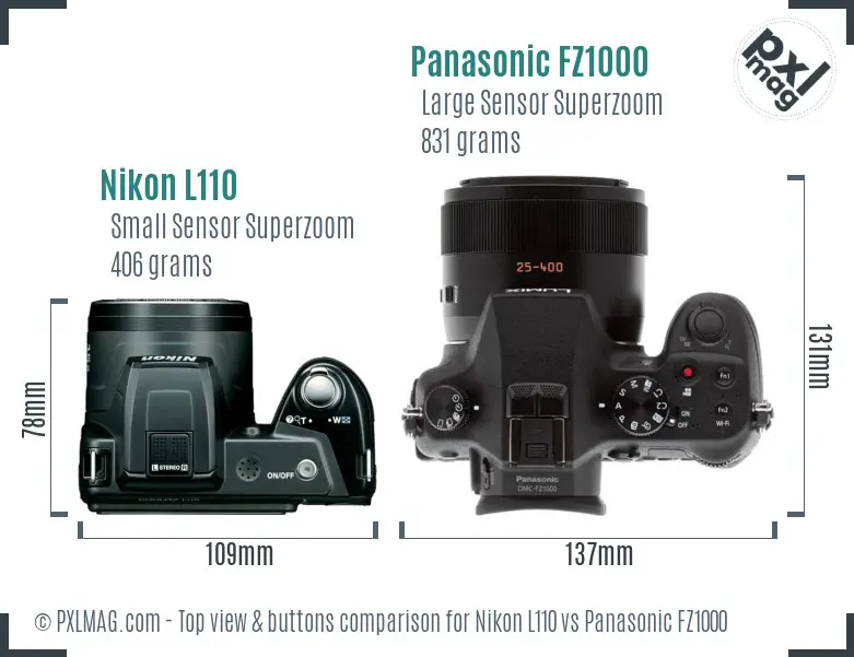 Nikon L110 vs Panasonic FZ1000 top view buttons comparison