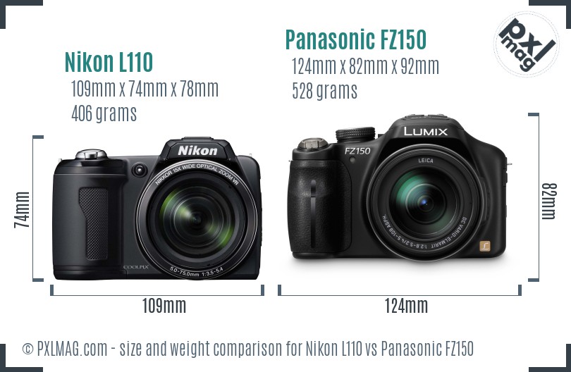 Nikon L110 vs Panasonic FZ150 size comparison